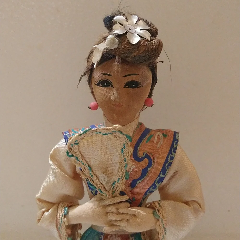 Vintage Japanese Geisha Oriental Doll Wooden Base